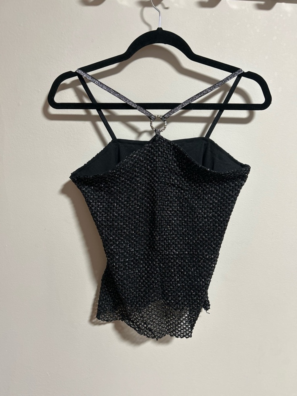 Y2K Black Beaded Mesh Cami Top with Ring Detail